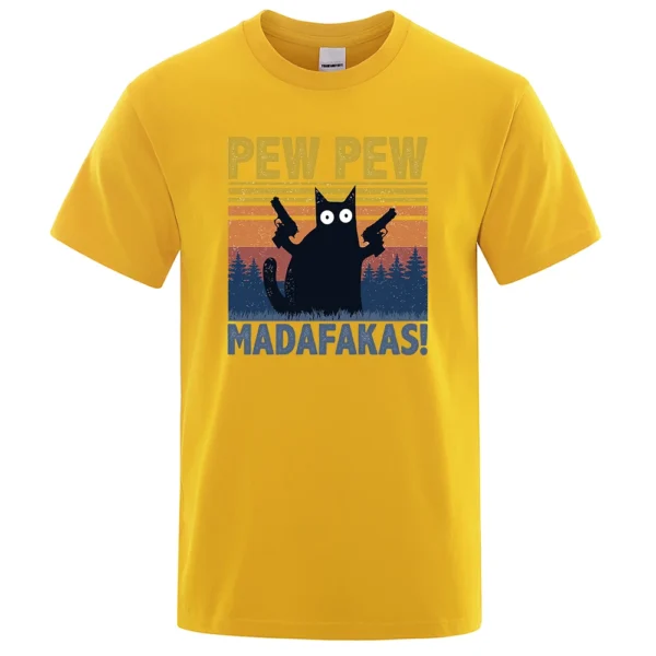 Man wearing black cotton t-shirt with funny graphic of a cat holding guns that reads 'Pew Pew Madafakas'.
