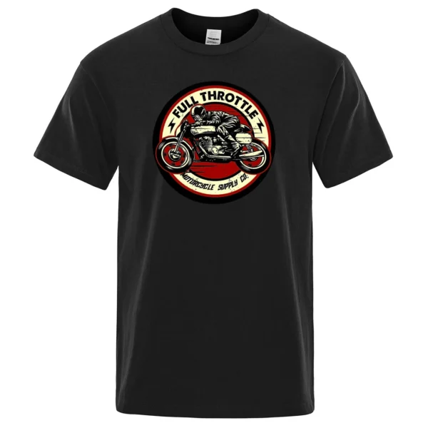 Men's black cotton t-shirt featuring a vintage Full Throttle Cafe Racer and Rockabilly inspired graphic print.