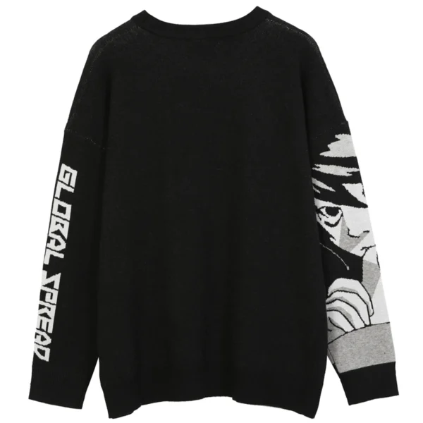 FGKKS Men's black knitted cotton sweater with Japanese streetwear style anime girl graphic on the front.