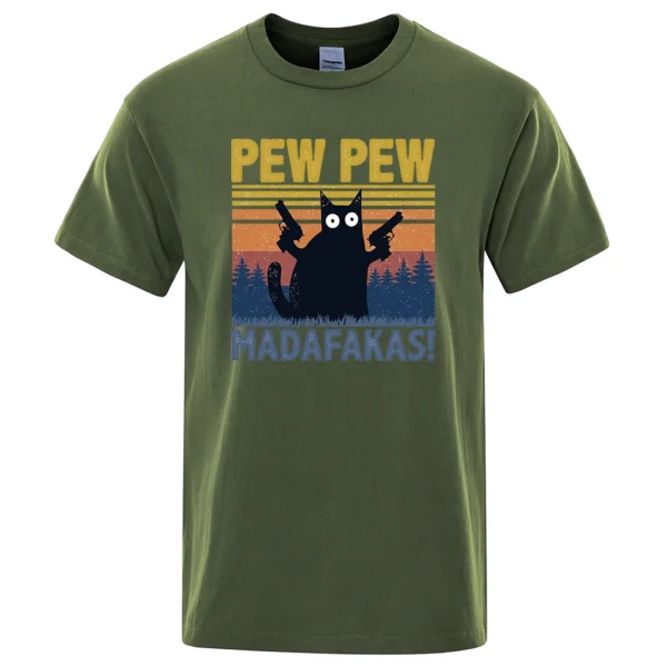 Man wearing black cotton t-shirt with funny graphic of a cat holding guns that reads 'Pew Pew Madafakas'.
