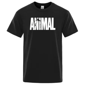 Men's oversized white cotton t-shirt featuring a funny animal letter print graphic and O-neck collar.