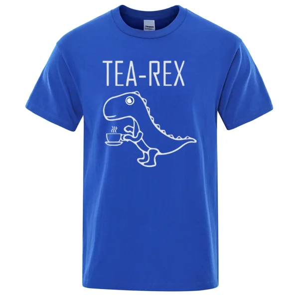 Funny Tea Rex t-shirt featuring a graphic of a T-Rex dinosaur drinking coffee. Unisex casual streetwear style tee.