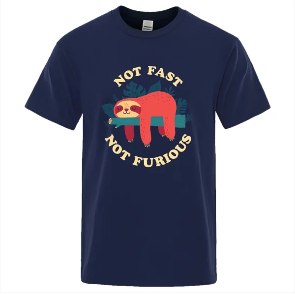 Model wearing funny 'Not Fast Not Furious' sloth graphic tee in breathable cotton. Unisex casual summer style.