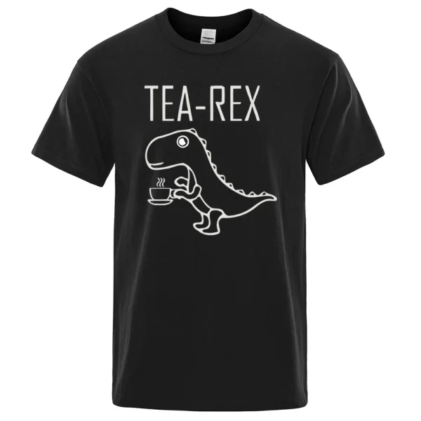 Funny Tea Rex t-shirt featuring a graphic of a T-Rex dinosaur drinking coffee. Unisex casual streetwear style tee.