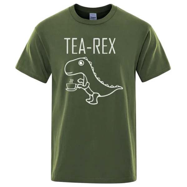 Funny Tea Rex t-shirt featuring a graphic of a T-Rex dinosaur drinking coffee. Unisex casual streetwear style tee.