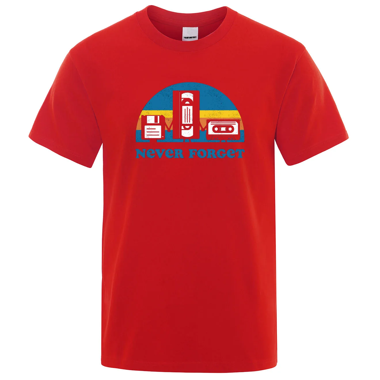 Man wearing the 'Never Forget' sarcastic quote graphic t-shirt.