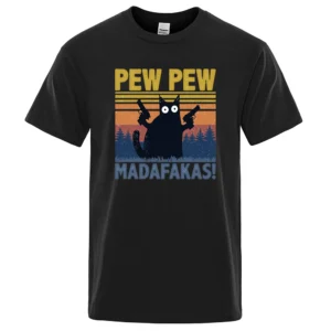 Man wearing black cotton t-shirt with funny graphic of a cat holding guns that reads 'Pew Pew Madafakas'.