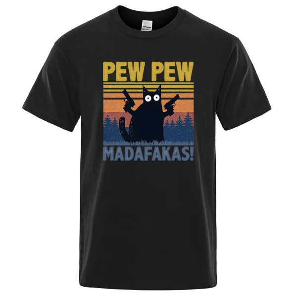 Man wearing black cotton t-shirt with funny graphic of a cat holding guns that reads 'Pew Pew Madafakas'.