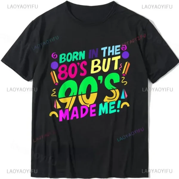 Woman wearing a white 'I Love The 90s / Take Me Back To The 90s' retro graphic tee against a plain background.