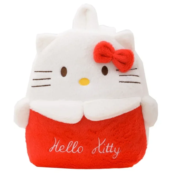 Front view of the MINISO plush backpack featuring cute Kuromi and Cinnamoroll Sanrio characters.
