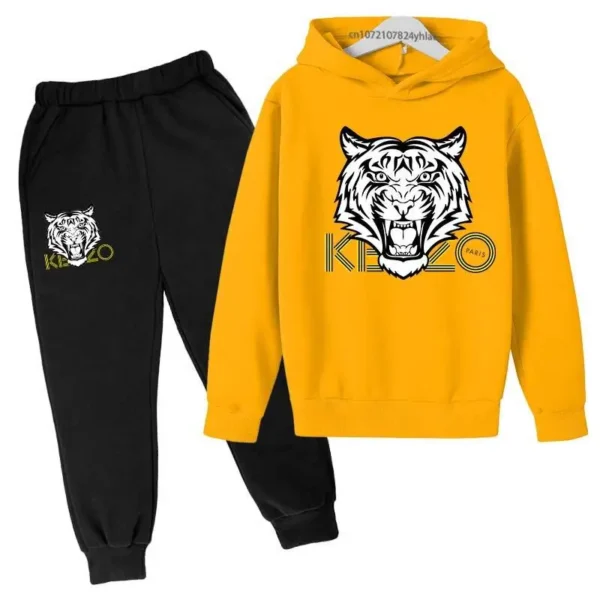 Unisex kids hoodie and pants set with bold tiger head print on the hooded sweatshirt - front view.
