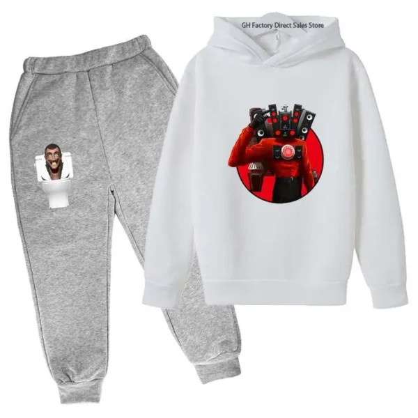 Kids Skibidi Toilet funny cartoon print hoodie and pants tracksuit set (ages 3-13) - front view. ```
