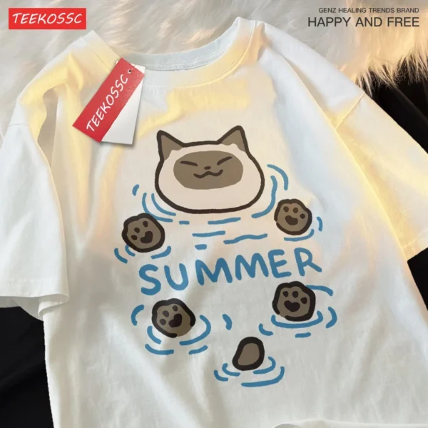 Cute Cat & Dog Chai Print T-Shirt for summer.