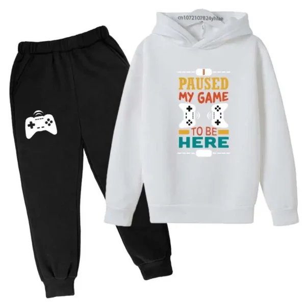 Kids gamer tracksuit set with 'I Paused My Game To Be Here' slogan on hooded sweatshirt and matching pants for boys or girls.