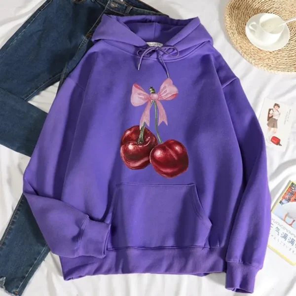 Women's Cherry Print Fleece Hoodie for Fall
