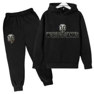Kid wearing World of Tanks gaming tracksuit set with pullover hoodie and matching joggers - suitable for boys and girls.