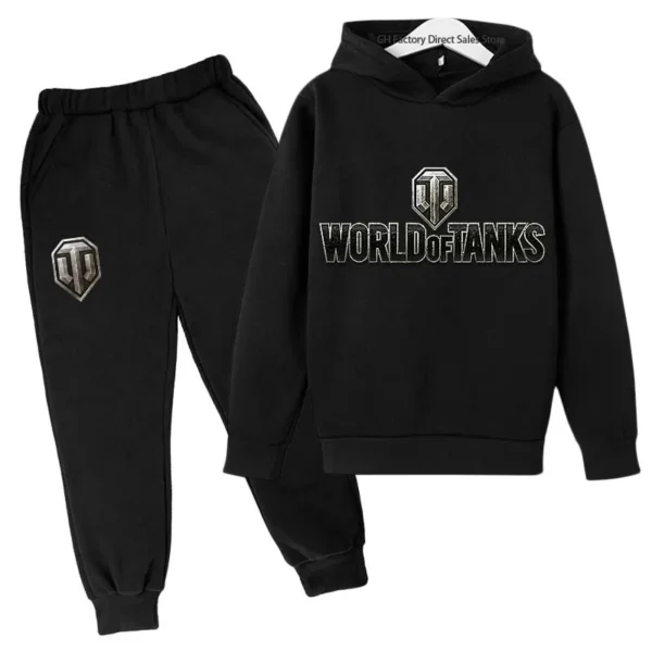 Kid wearing World of Tanks gaming tracksuit set with pullover hoodie and matching joggers - suitable for boys and girls.