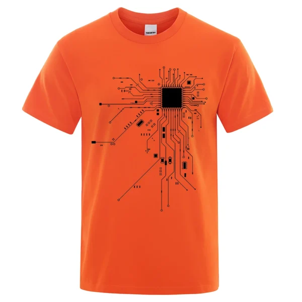 Men's cotton t-shirt featuring a detailed white CPU processor circuit diagram graphic on a dark background.