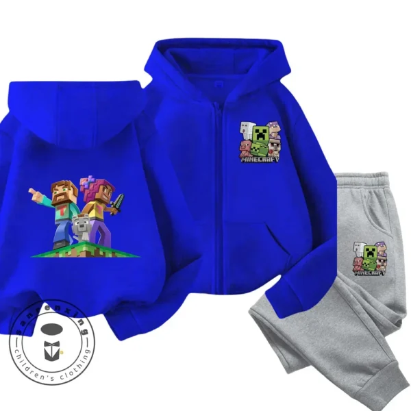 Child wearing Minecraft themed zipper hoodie and matching pants set with hood up.