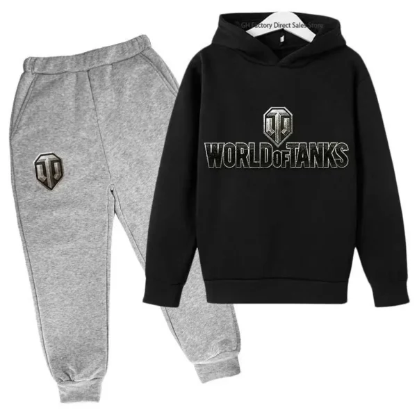 Kid wearing World of Tanks gaming tracksuit set with pullover hoodie and matching joggers - suitable for boys and girls.