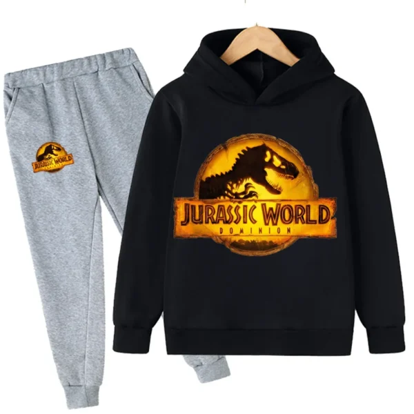 Child wearing fun dinosaur print hoodie and matching pants set - outfit for boys and girls.