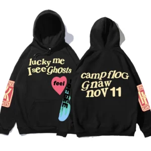 Oversized black fleece hoodie with white 'Luck Me I See Ghosts' graffiti text print on the chest - unisex streetwear style.