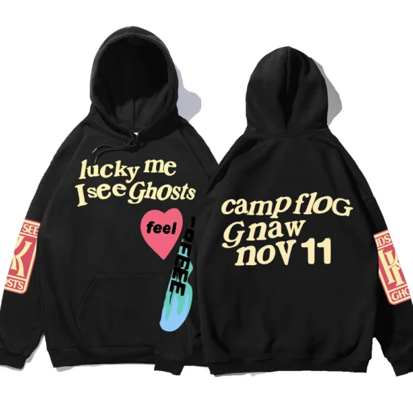 Oversized black fleece hoodie with white 'Luck Me I See Ghosts' graffiti text print on the chest - unisex streetwear style.
