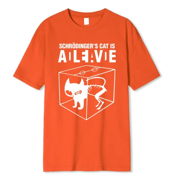 Men's black 100% cotton t-shirt with a white graphic print illustrating the Schrodinger's Cat thought experiment.
