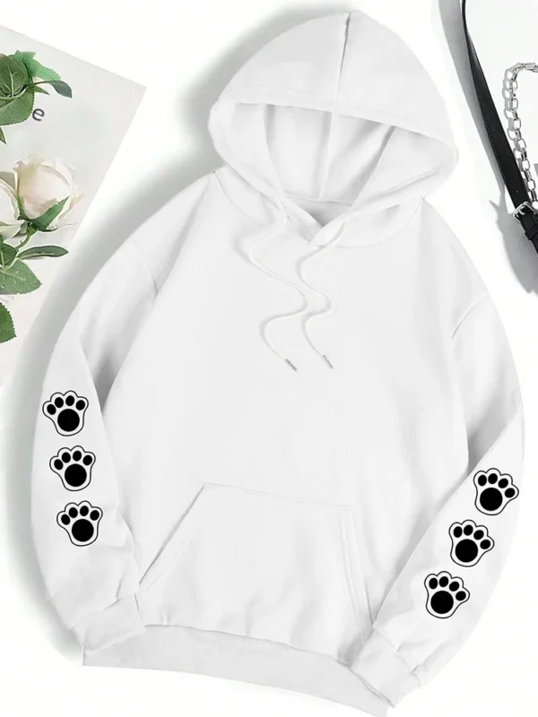 Grey pullover hoodie with warm fleece lining featuring a funny cartoon dog print that says "Talk To The Paw".
