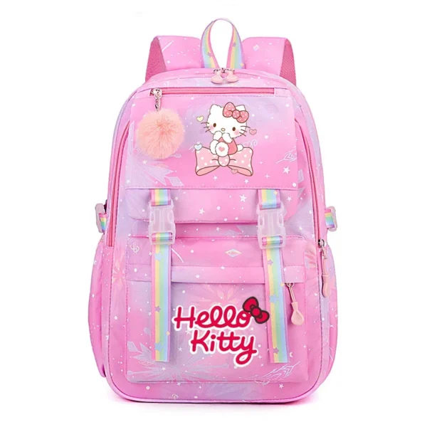 Front view of the MINISO Kuromi & Cinnamoroll backpack showing the cute character print on a large nylon bag.