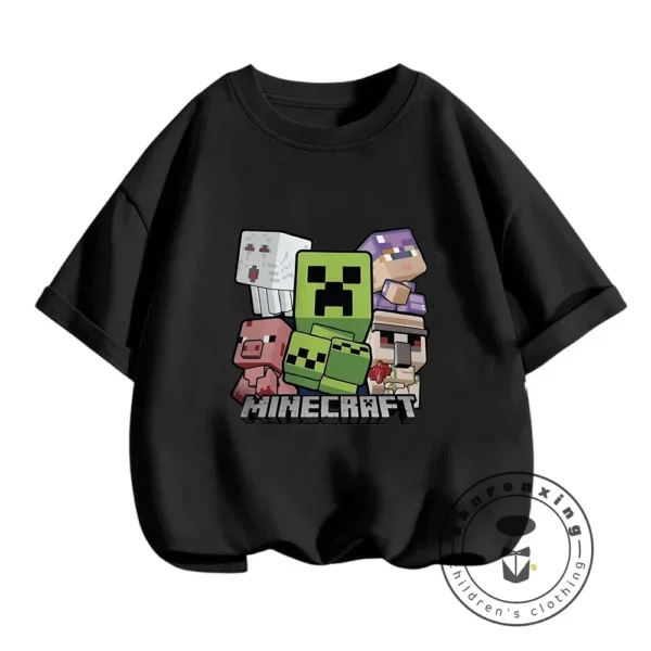 Young boy wearing a blue short-sleeve t-shirt with a large colourful graphic of the Minecraft character CatNap on the front.