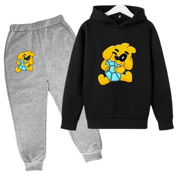 Kids tracksuit set with cute dog print on grey pullover hoodie and matching pants for boys and girls (ages 2-13).