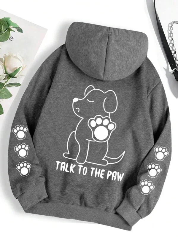 Grey pullover hoodie with warm fleece lining featuring a funny cartoon dog print that says "Talk To The Paw".