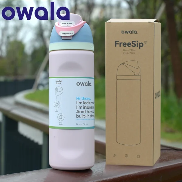 Owala FreeSip insulated stainless steel water bottle with built-in straw and leak-proof lid.