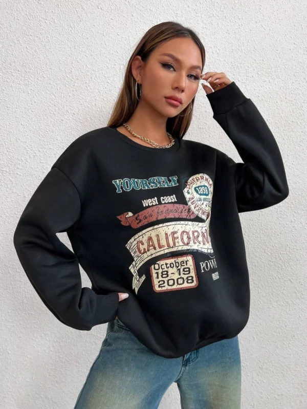 Women's loose fit fleece-lined hoodie sweatshirt with 'California Yourself' letter print on the front.