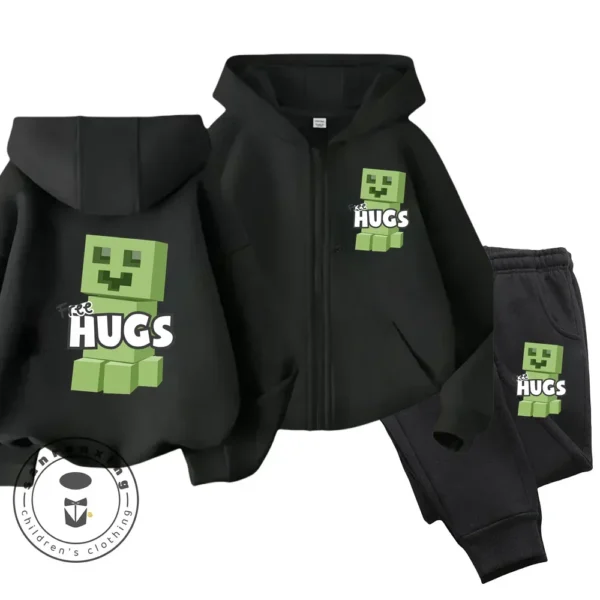 Child wearing Minecraft themed zipper hoodie and matching pants set with hood up.
