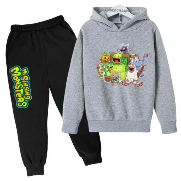 Kids My Singing Monsters tracksuit set featuring character print hoodie and matching pants for boys and girls ages 3-14. ```