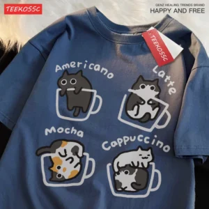 Mocha Latte Cat design printed on a soft cotton unisex t-shirt for cat and coffee lovers.