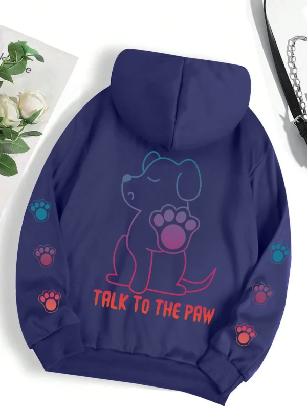 Grey fleece pullover hoodie for women with funny 'Talks To The Paw' dog print.