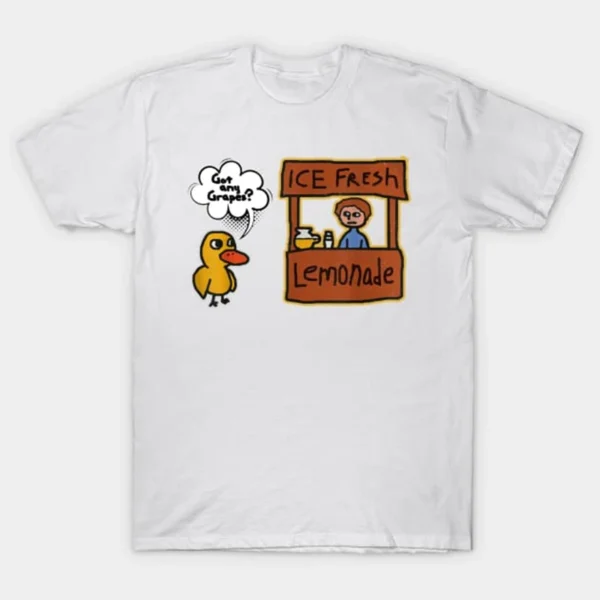 Funny "Got Grapes?" lemonade graphic t-shirt.