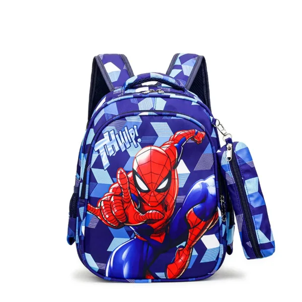 MINISO Spider-Man kids school backpack in blue and red with matching character pencil case attached.