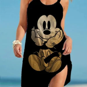 Woman models Disney Mickey & Minnie print summer sling dress