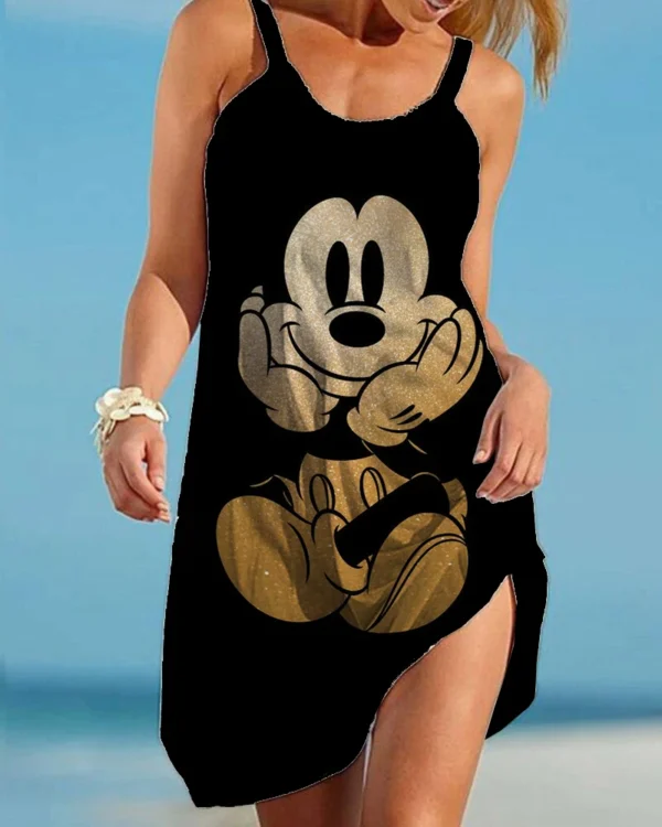 Woman models Disney Mickey & Minnie print summer sling dress