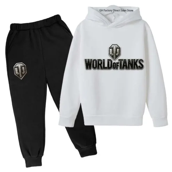 Kid wearing World of Tanks gaming tracksuit set with pullover hoodie and matching joggers - suitable for boys and girls.