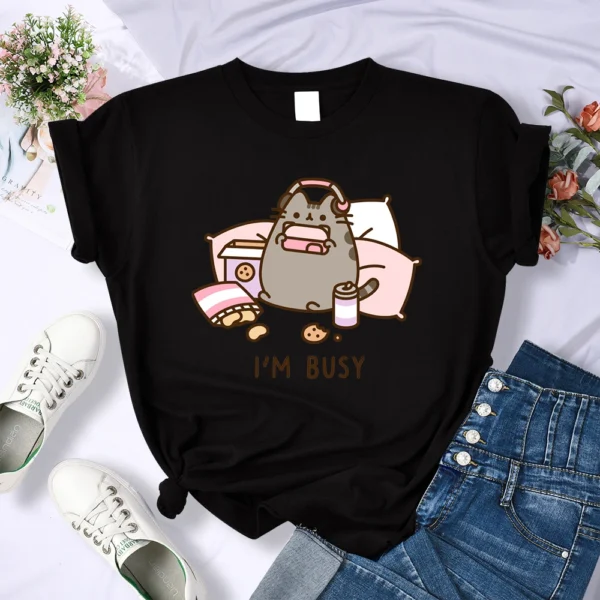 Funny 'Sorry I'm Busy' cat gamer oversized t-shirt for women.