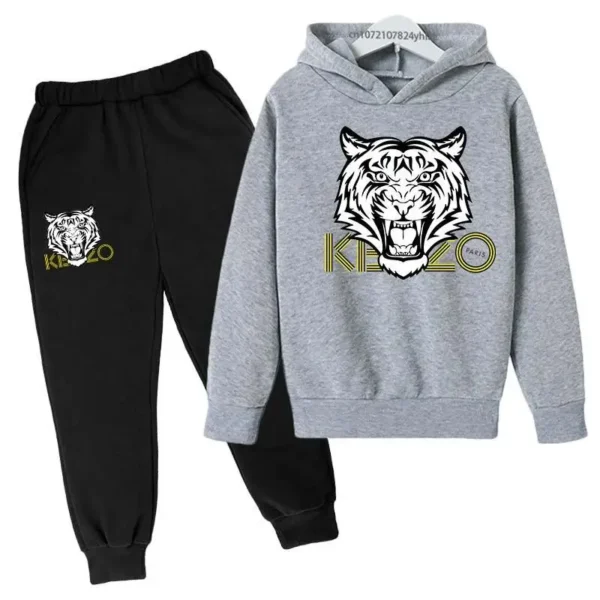 Unisex kids hoodie and pants set with bold tiger head print on the hooded sweatshirt - front view.
