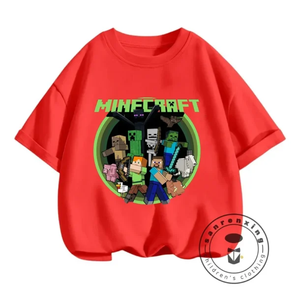 Front view of a boys short-sleeve O-neck t-shirt with a Minecraft graphic print.