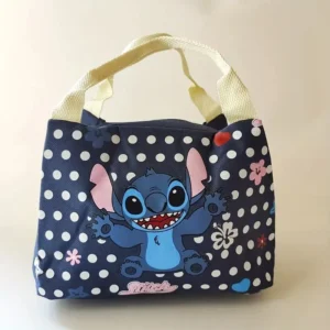 Blue insulated lunch bag featuring cartoon character Stitch with a carry handle and zipper closure.