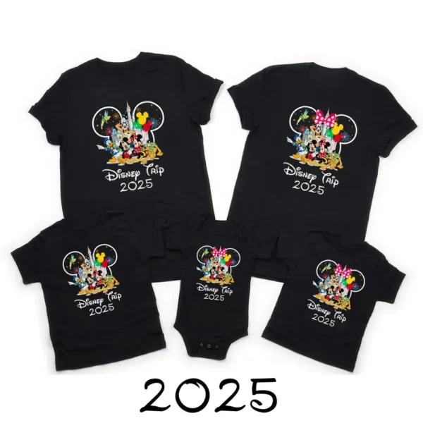 Family in matching funny Mickey and Minnie shirts designed for a 2025 Disney vacation.