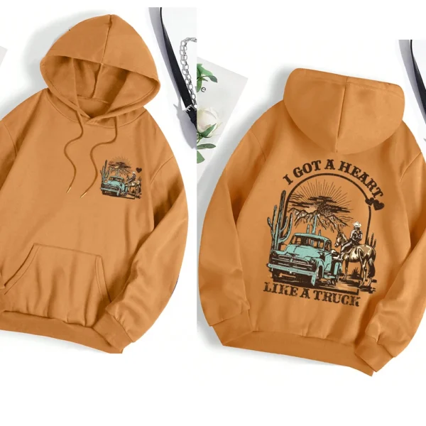 Women's casual streetwear hoodie with graphic print and warm faux fur lining - Autumn/Winter style. ```